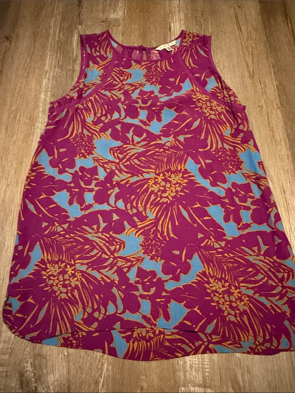 CAbi Sleeveless Floral Top in Magenta with Teal & Mustard Accents